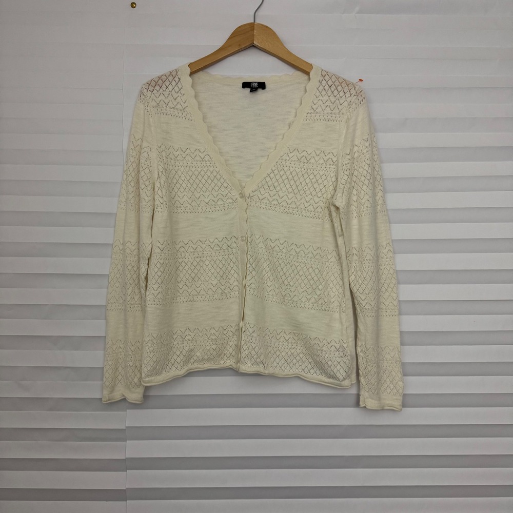 Frye Womens Cream Pointelle Knit Scalloped V-Neck Cotton Cardigan Sweater Large